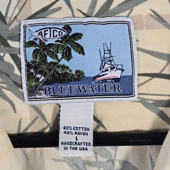 AFTCO Bluewater Mens Shirt Size Large‎ Tan Hawaiian Short Sleeve Beach Fishing - Picture 5 of 11